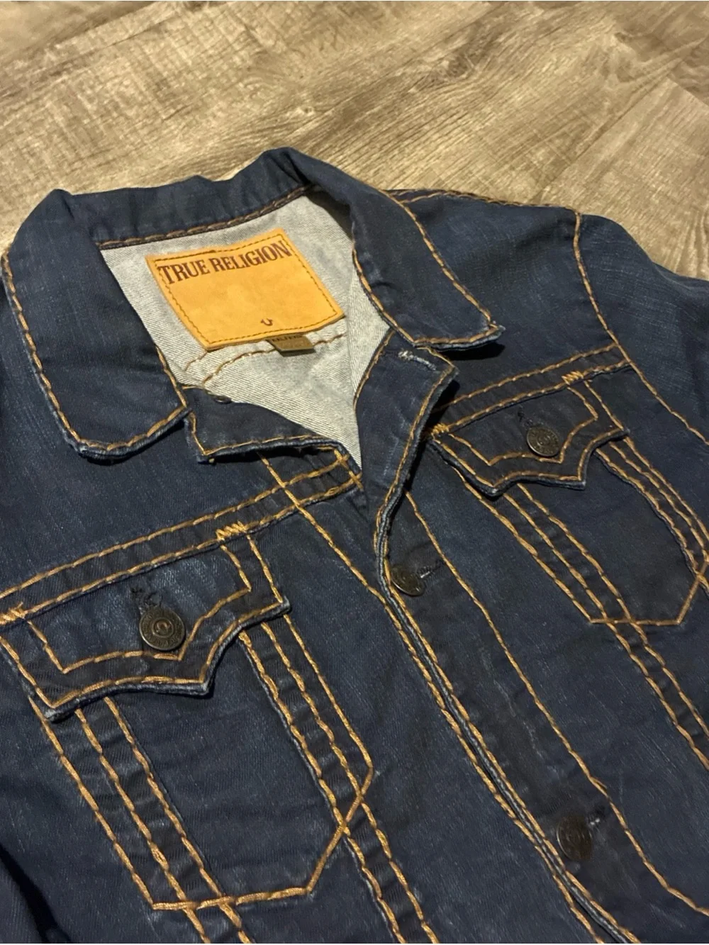 True Religion Men’s Denim Trucker Jacket XXL Big T Thick Stitch Blue Button Up